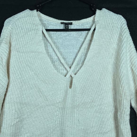 Express Womens Sweater Cream V Neck Criss Cross Slit Back Knit Cotton Blend M - Picture 2 of 12